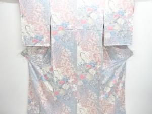 縮緬地　孔雀に花模様小紋着物